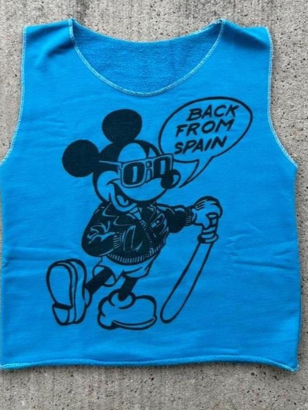 Vintage turquoise blue Mickey “Back From Spain” tank